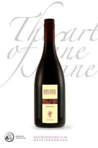 Image showing a bottle of Brodie Estate Pinot Noir against a typographic background of 'The Art of Fine Wine'