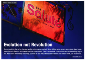 Advert showing photograph of Bar Saluté signage to advertise the name change