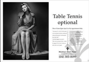 Advert for Regency Rest Home 'Table Tennis Optional' showing old fashioned image of women holding a mirror
