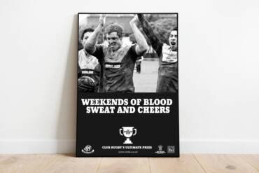 Wellington Rugby Jubilee Cup Poster showing muddy players cheering and yelling