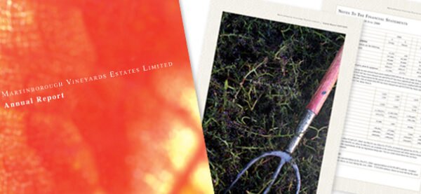 Orange close-up of the cover and inside spread image of Martinborough Vineyard Annual Report