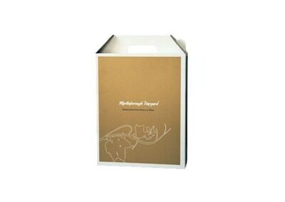 Picture of gold six pack wine box with vine motif in white on gold background