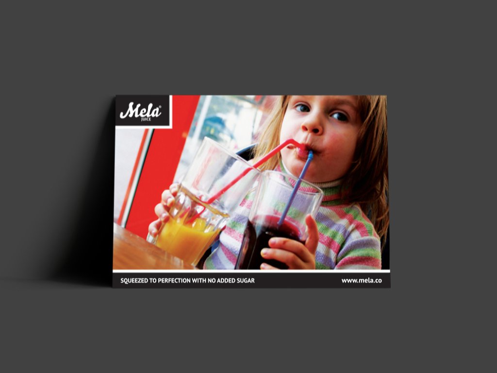 mela juice perfectly squeezed mela juice perfectly squeezed campaign poster showing young child drinking two delicious mela fruit juices at the same time