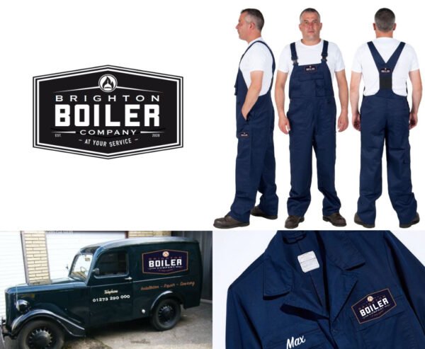 Brighton Boiler Company branding, workwear, and vintage van.