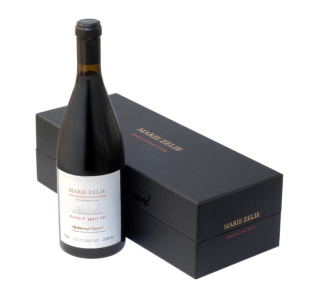 Bottle of wine with black gift box.