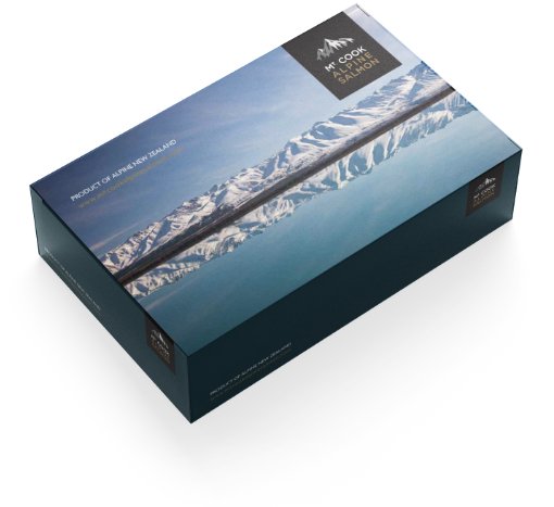 mt cook alpine salmon packaging design Packaging box with mountain range image and branding for Mt Cook Alpine Salmon.