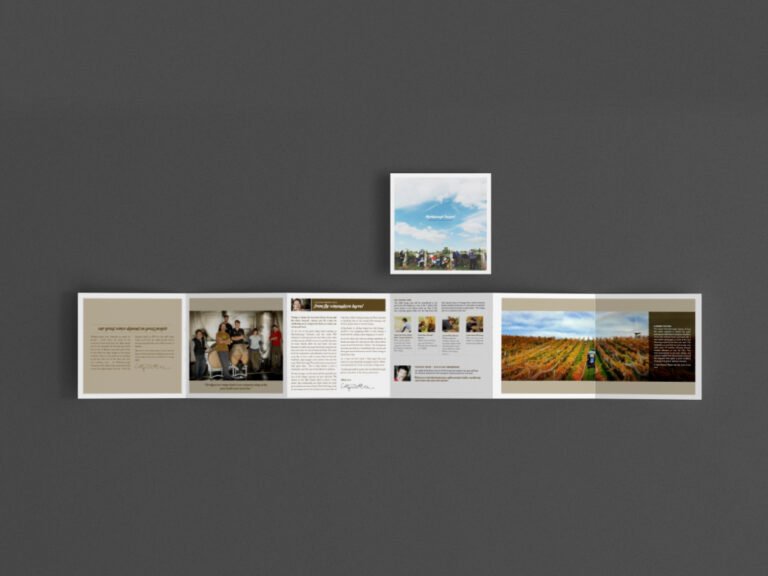 Tri-fold brochure with text and vineyard image.