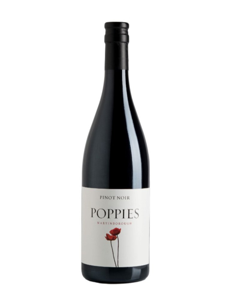 Poppies Pinot Noir wine bottle on white background