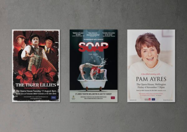 Three event posters on a wall.