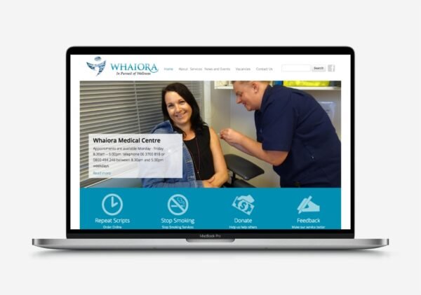 Medical center website on laptop with staff and patient.