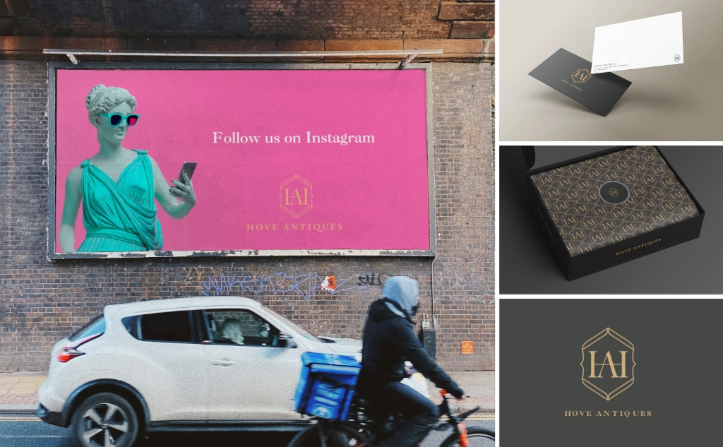 Hove Antiques brand identity deign and devlopment including outdoor advertising, stationery design, packaging design and storefront signage.